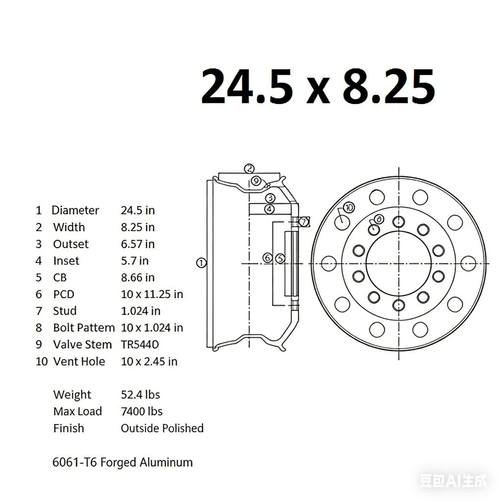 24.5x8.25 Truck Wheels Forged Aluminum Rims Machined Bright