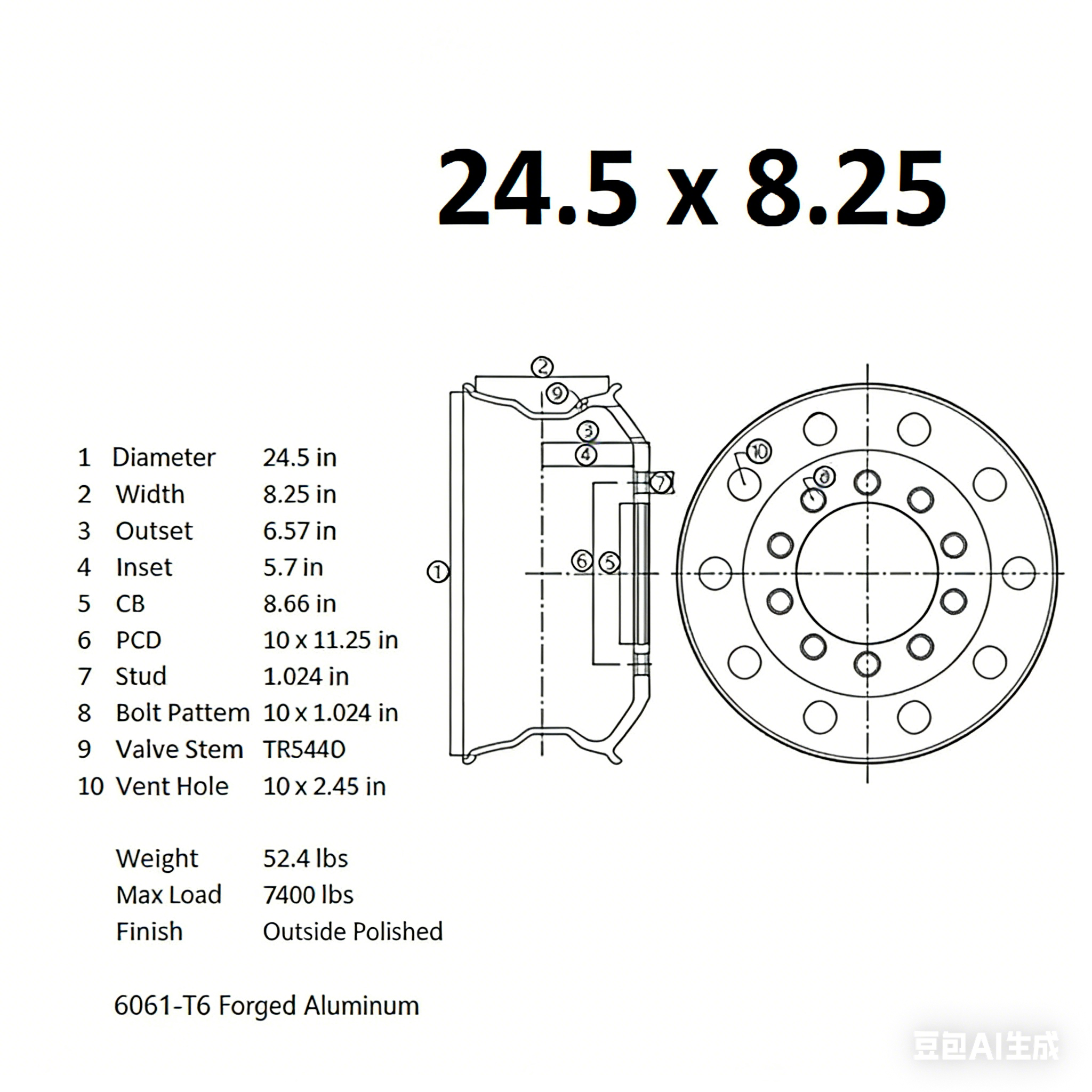 24.5x8.25 Truck Wheels Forged Aluminum Rims Machined Bright